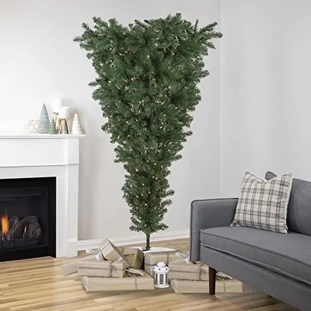 Upside Down Christmas Tree 7.5' Pre-Lit Green Spruce 500 Clear Lights 1293 Branch Tips Stand Included