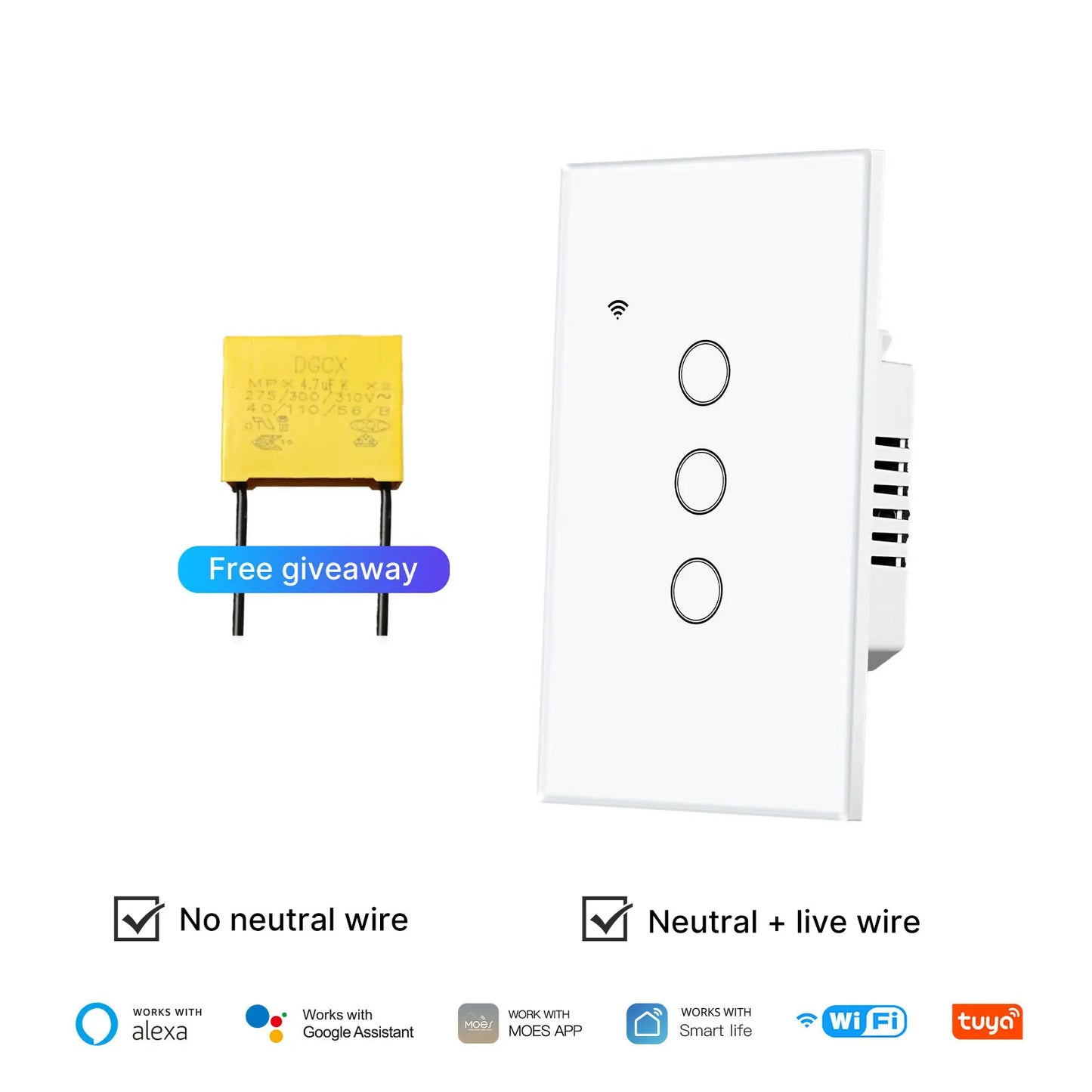 WiFi Smart Light Switch Glass Touch Control Fireproof No Neutral Wire