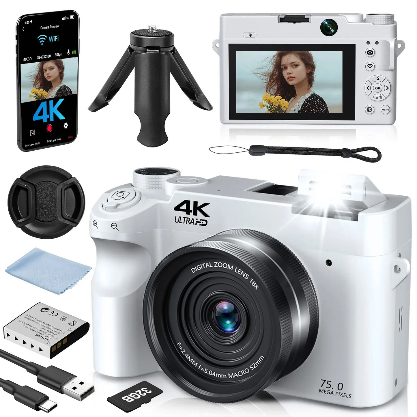 4K Digital Camera - 75MP Front & Rear with Autofocus & Anti-Shake,