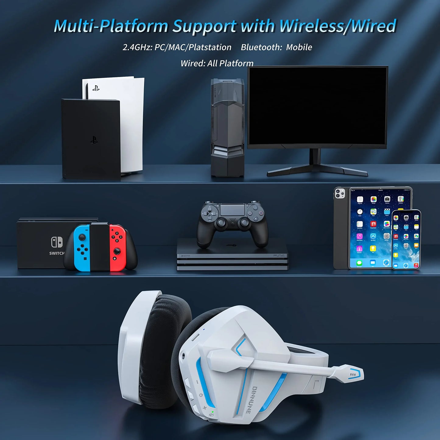 Wireless Gaming Headset with Mic for PC PS4 PS5 2.4G Bluetooth USB Gamer