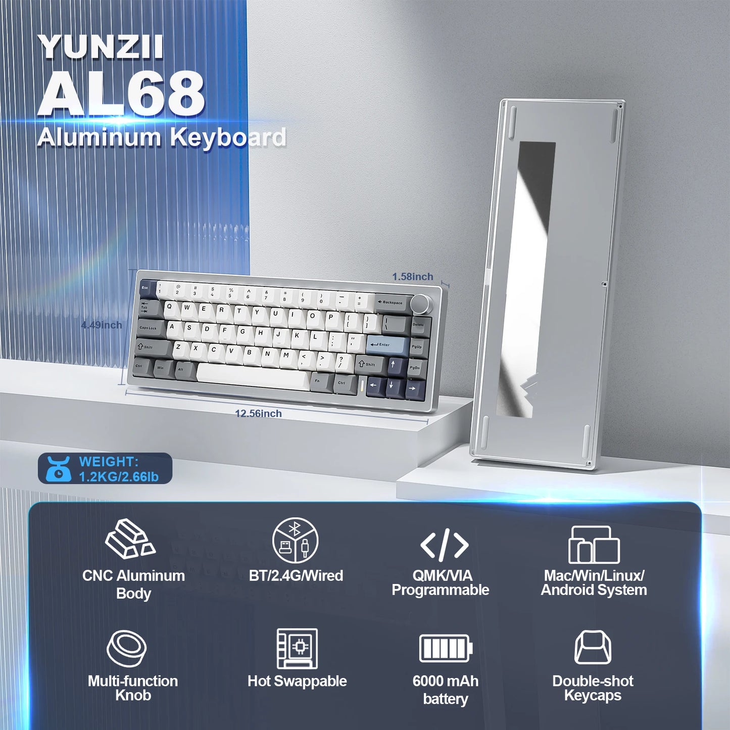 AL68 Silver Wireless Custom Mechanical Keyboard, Aluminum Keyboard,