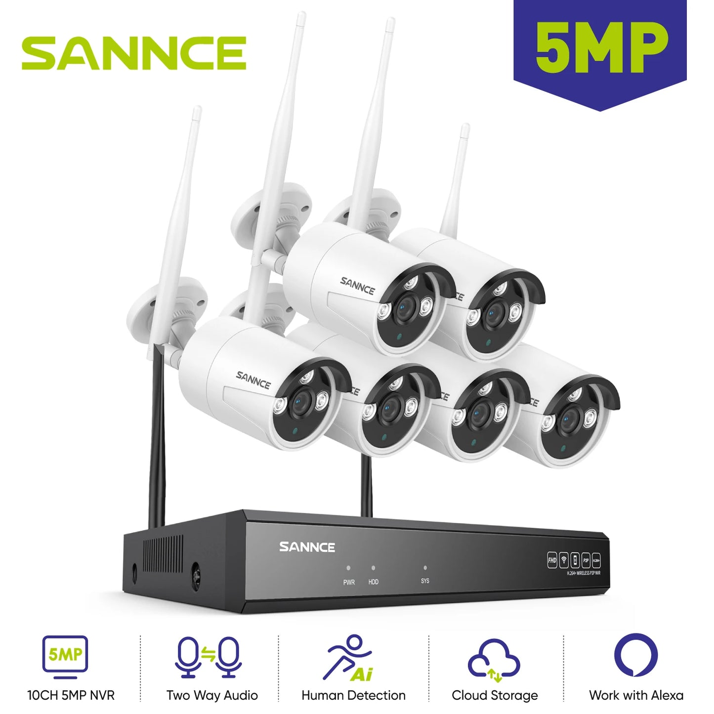 6PCS 5MP Wifi Camera IP Outdoor 10CH NVR Two-way Audio Wireless Audio Video Security