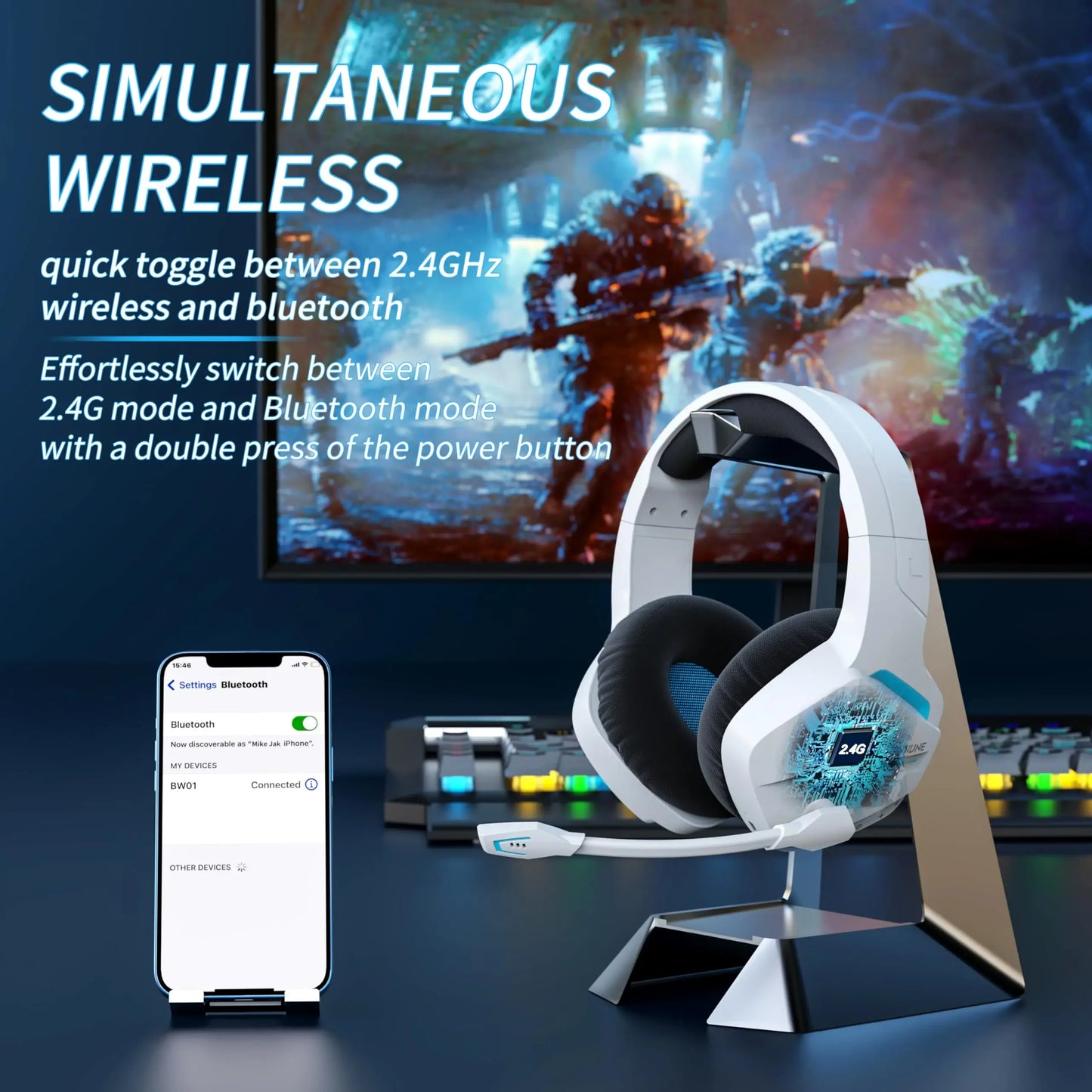 Wireless Gaming Headset with Mic for PC PS4 PS5 2.4G Bluetooth USB Gamer