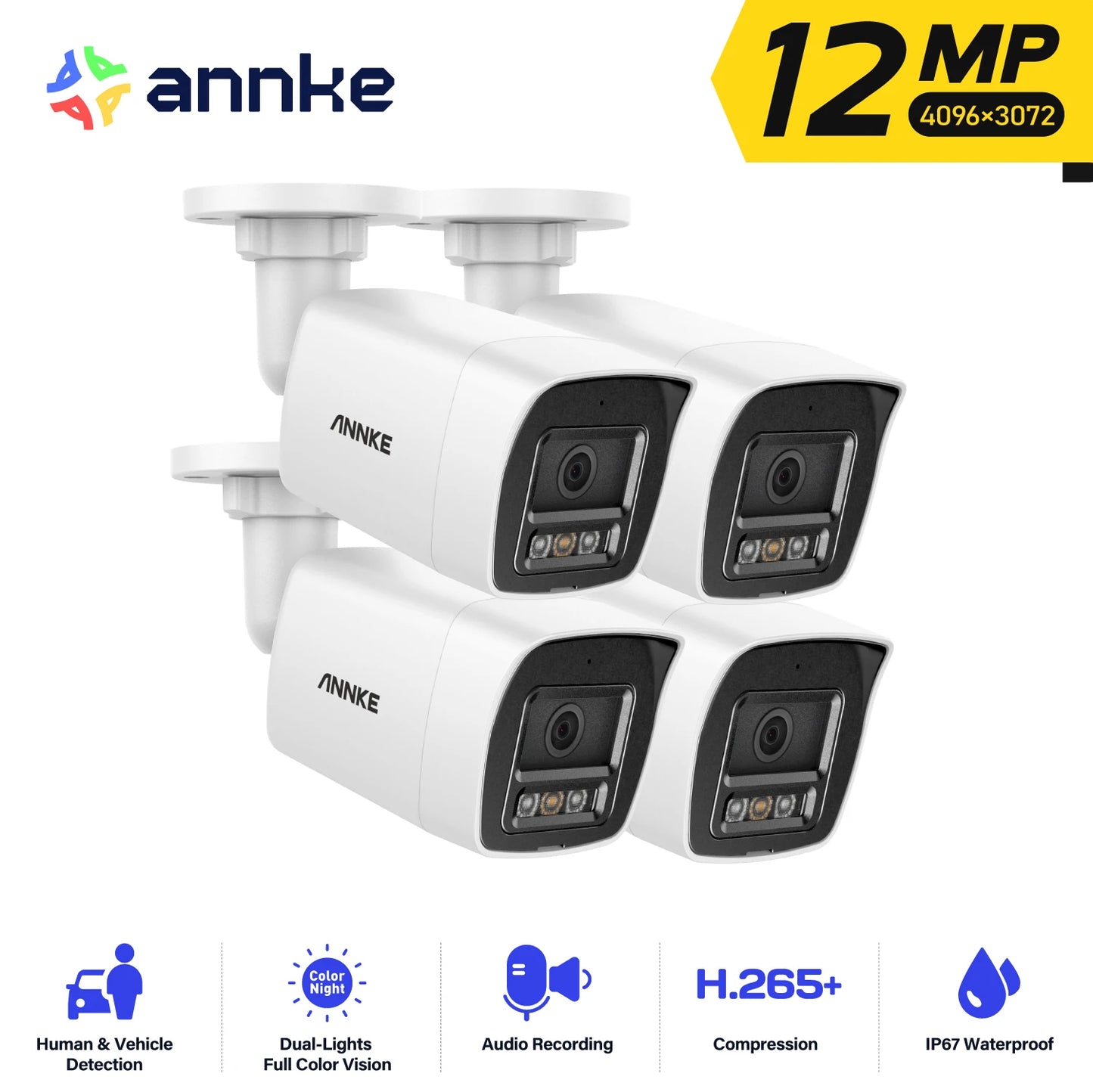 4PCS 12MP Outdoor Smart Dual Light Security Camera Color IR Night Vision