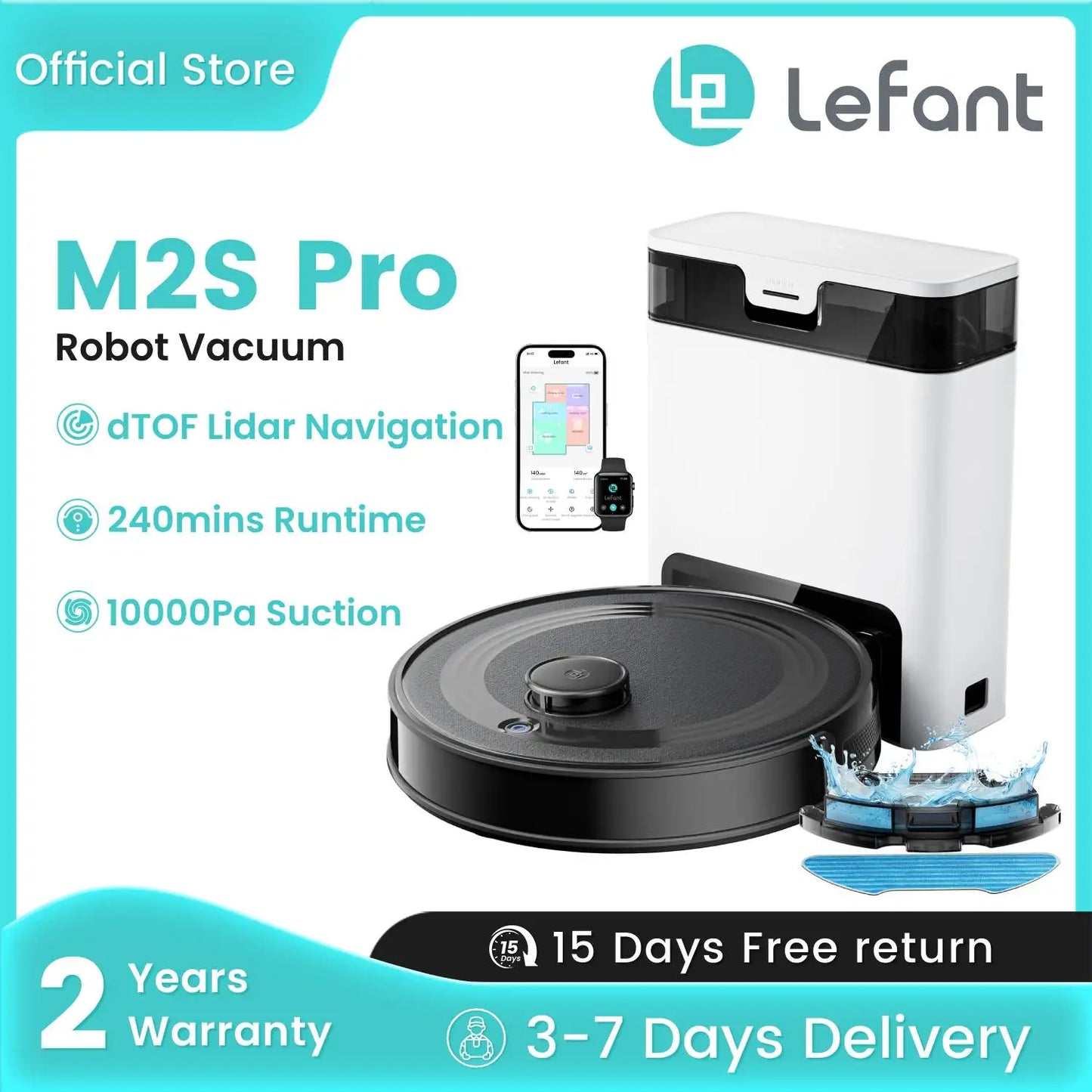 Lefant Robot Vacuum Cleaner with Automatic Emptying M2S Pro, 240 Minutes, Laser