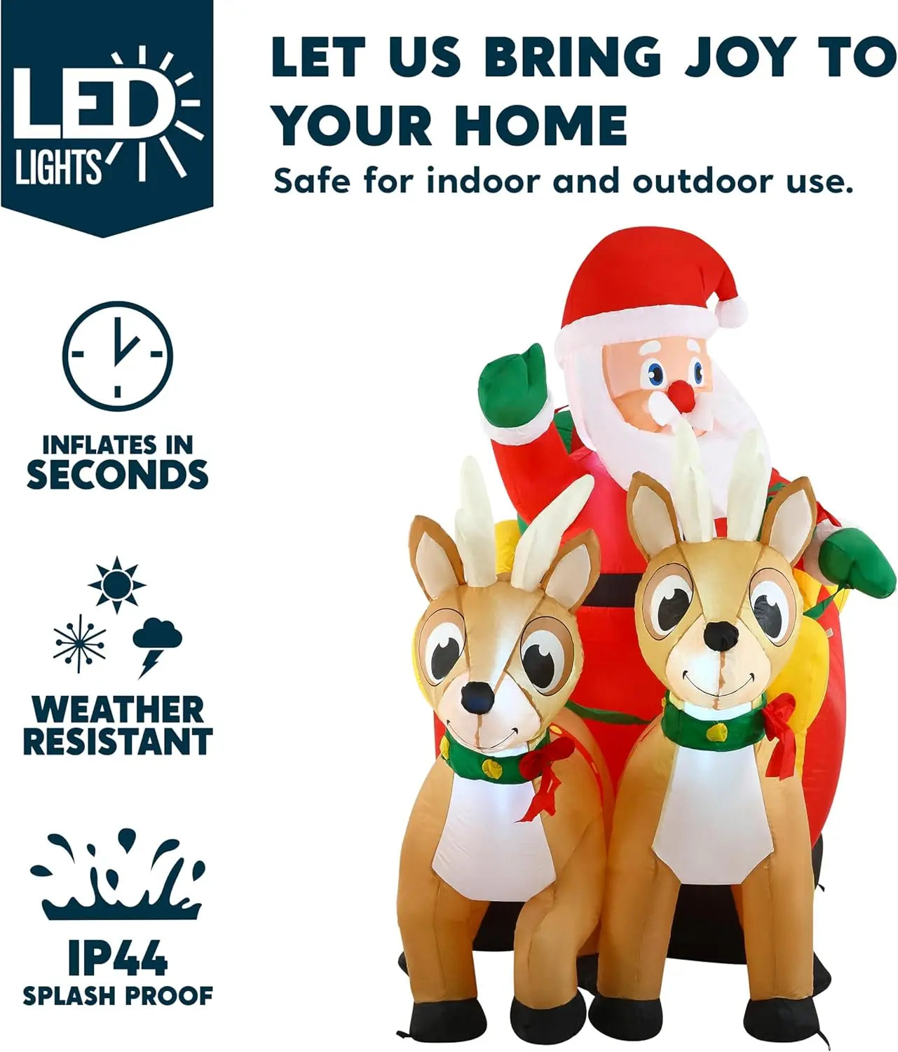 JOYFY 6 FT Long Christmas Santa on Sleigh with 2 Reindeer Inflatable Christmas with Build-in LED