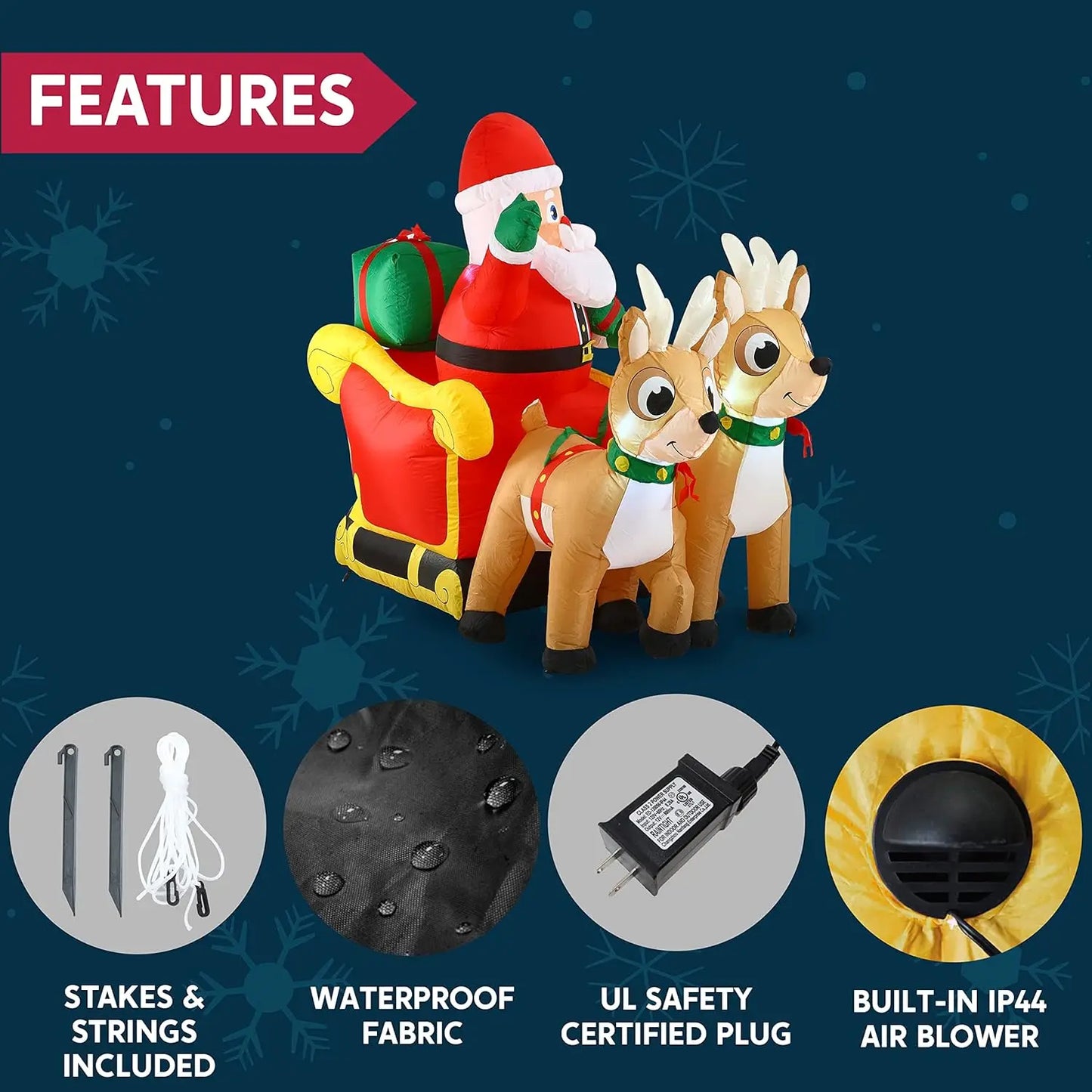 JOYFY 6 FT Long Christmas Santa on Sleigh with 2 Reindeer Inflatable Christmas with Build-in LED