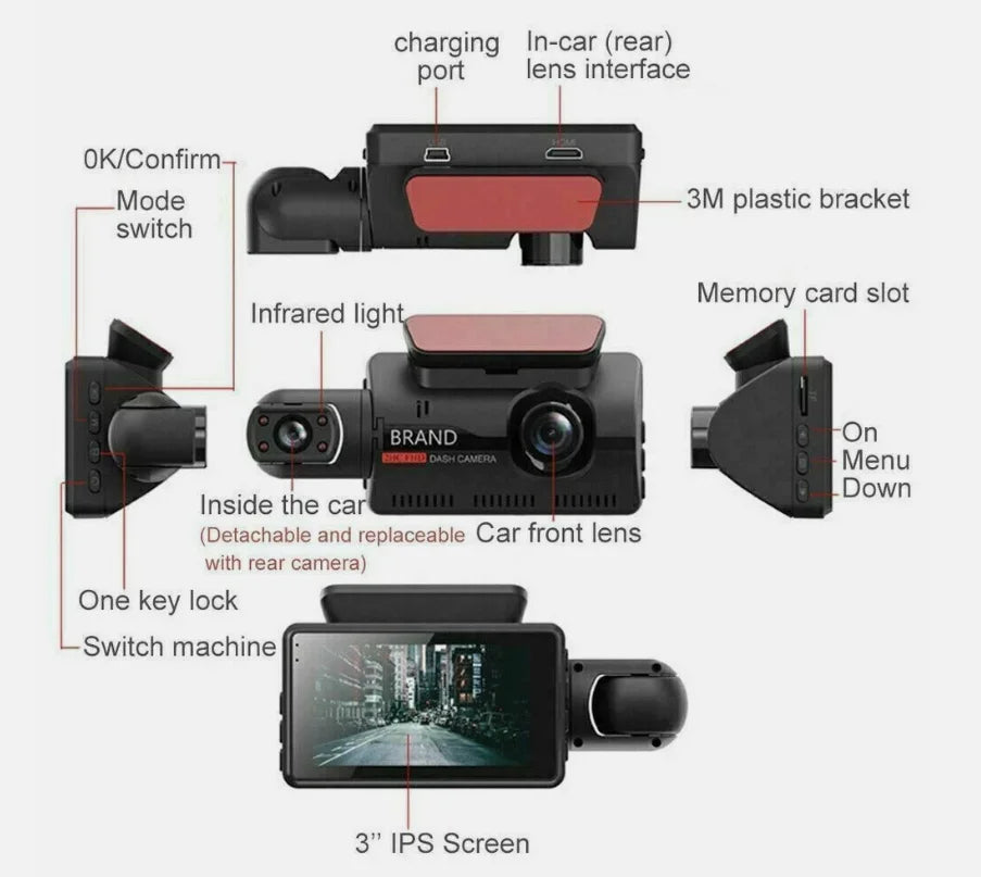 High-definition A68 Hidden 360-degree Dashcam, 3-inch Ips Screen