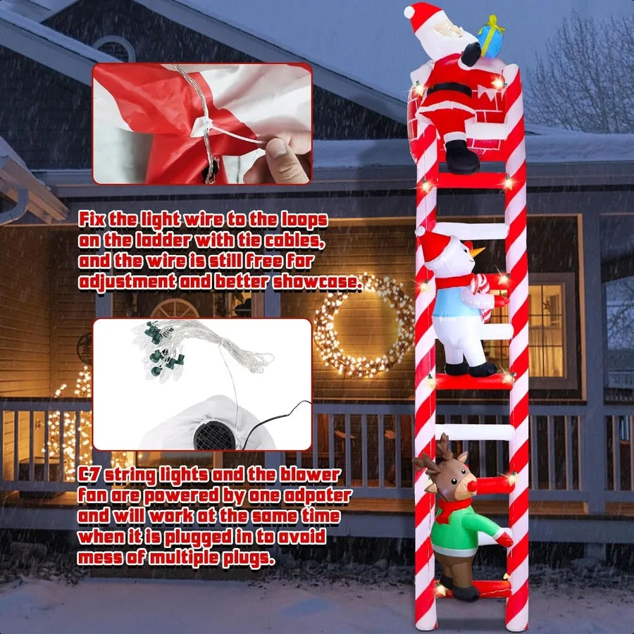 10FT Christmas Iatable Decoration Giant Lighted Ladder to Chimney Climbed with Reindeer