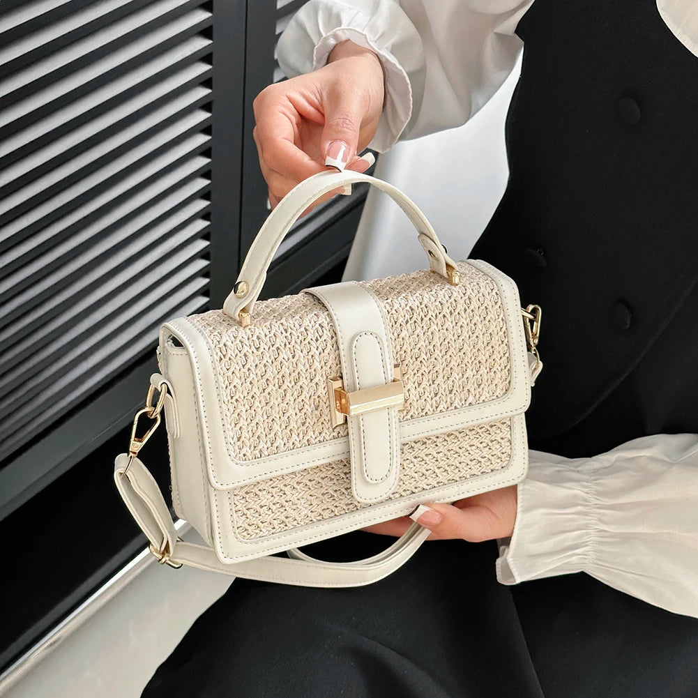 Leather Straw Crossbody Bag Flap Shoulder Bag with Adjustable Strap