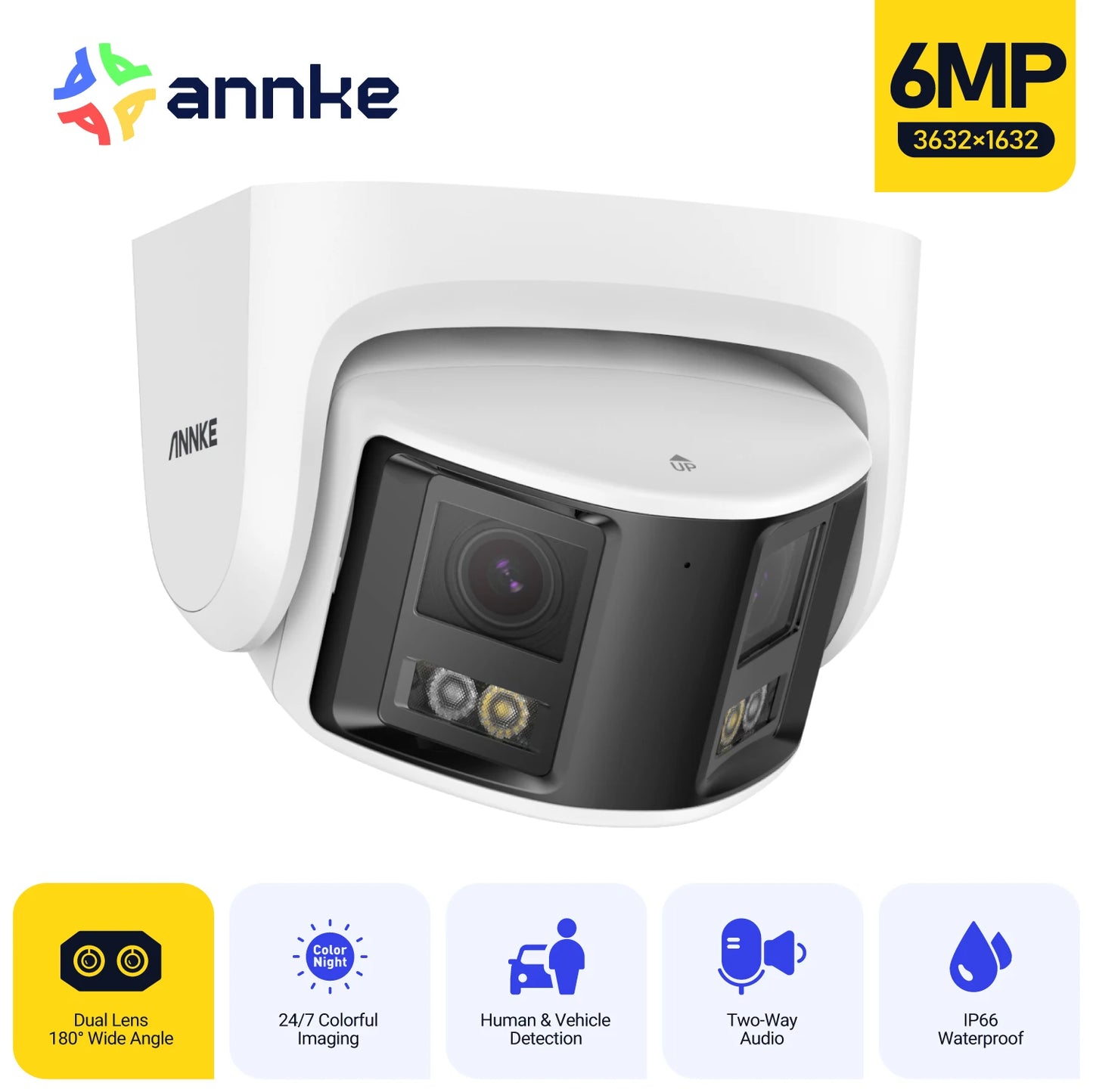 8MP 4K 6MP Camera Security Dual Lens Human Detect Two Way Audio 180° Wide View Angle