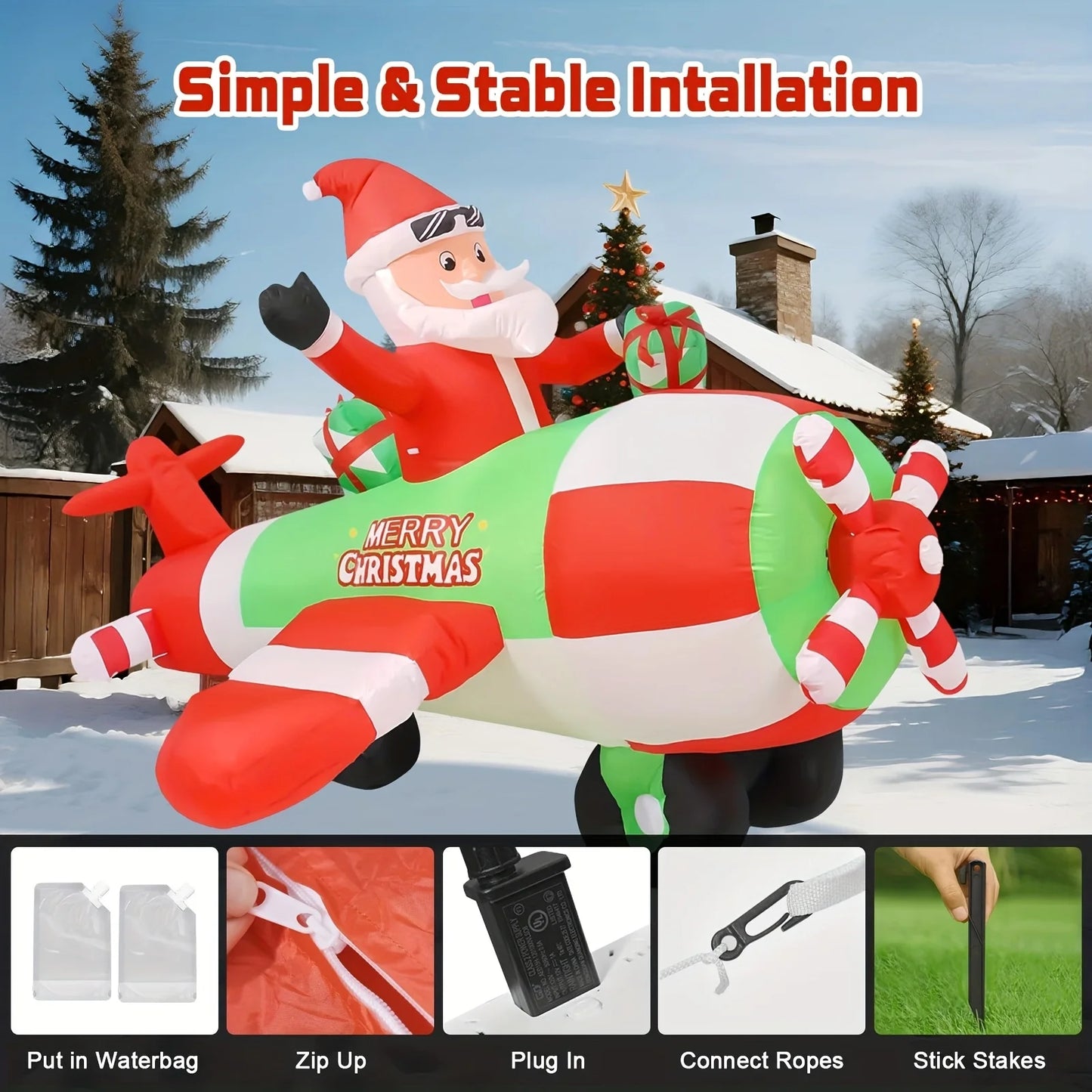9FT Inflatable Decoration With Built-in LED Lights | Santa Pilot | Outdoor Christmas Lawn Decor,