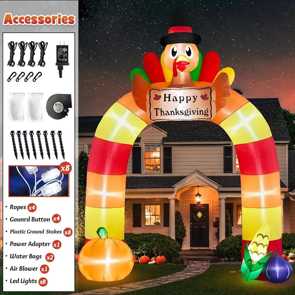 Thanksgiving Inflatable Turkey Archway Outdoor Decor with Happy Thanksgiving Sign LED Lights
