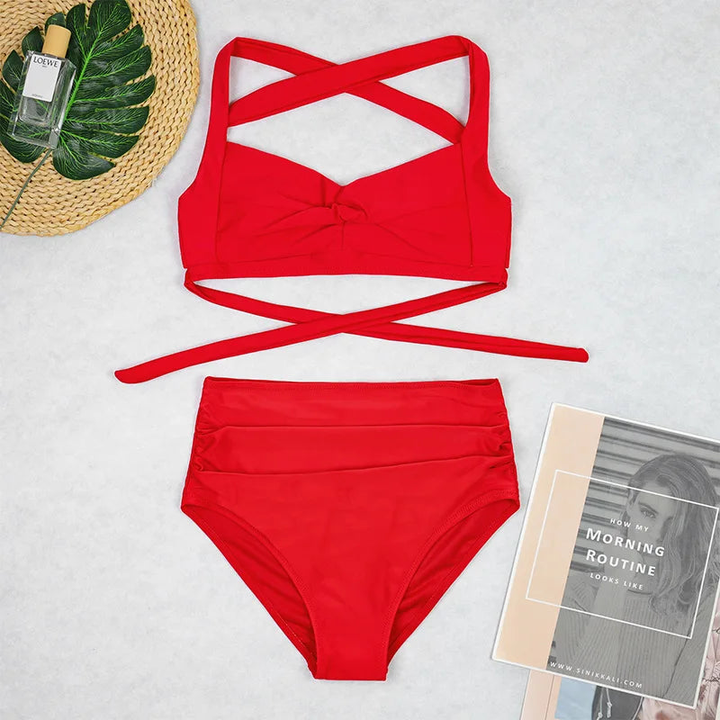 Two Pieces High Waist Bikini Sets Halter Solid Printed Swimsuit Brazilian Swimwear