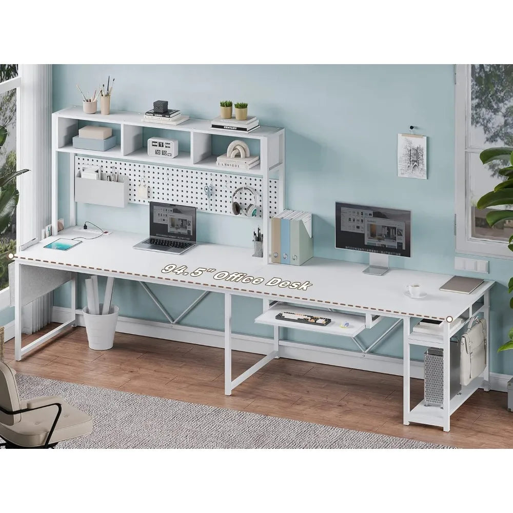 White L Shaped Gaming Desk, Reversible Corner With Power Outlet