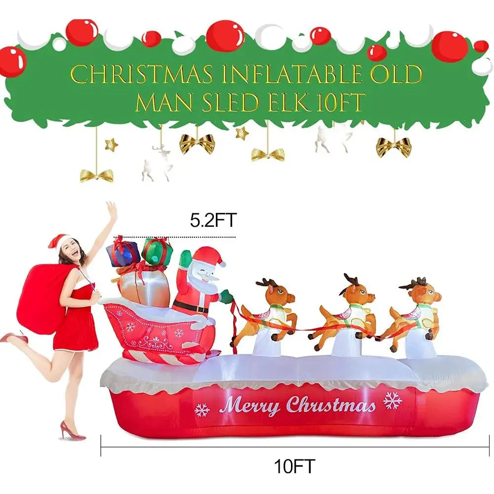 10FT Inflatable Santa Claus Sleigh with Elk LED Lights Outdoor Christmas Decorations