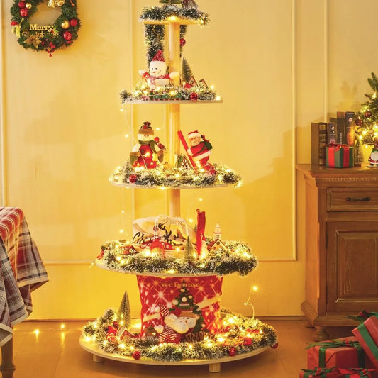 5.15Ft Christmas Tree, 5 Tier Christmas Tree with Shelves-Wooden Christmas Village Tree,