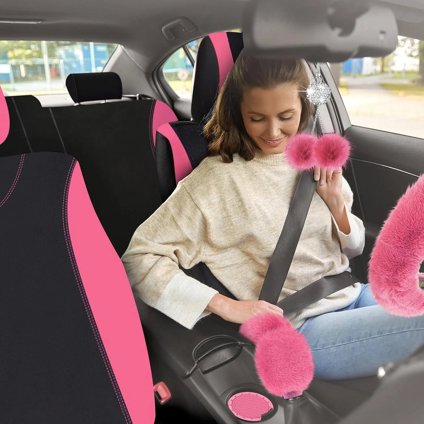 Car Seat Cover Set , For Car Front Rear SeatCover Fluffy Steering Wheel Cover Seat Belt Au