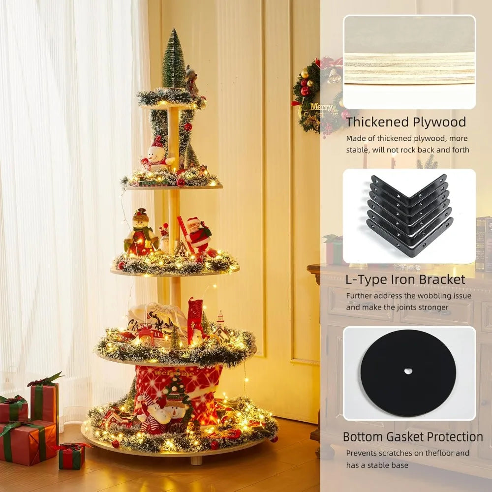 5.15Ft Christmas Tree, 5 Tier Christmas Tree with Shelves-Wooden Christmas Village Tree,