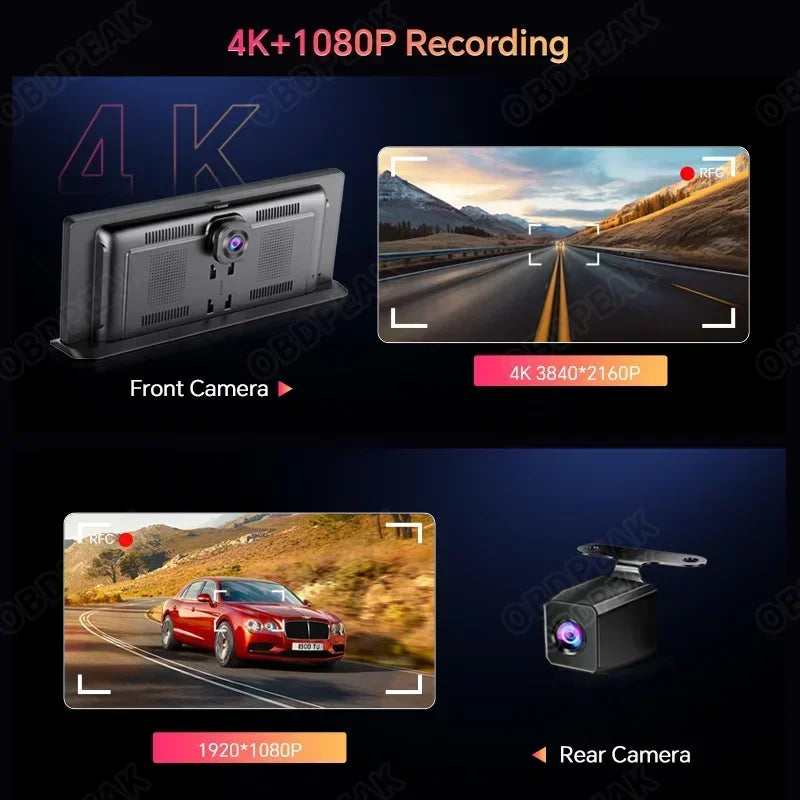 Dash Cam 4K Car DVR Wireless Carplay & Android Auto GPS Navigation