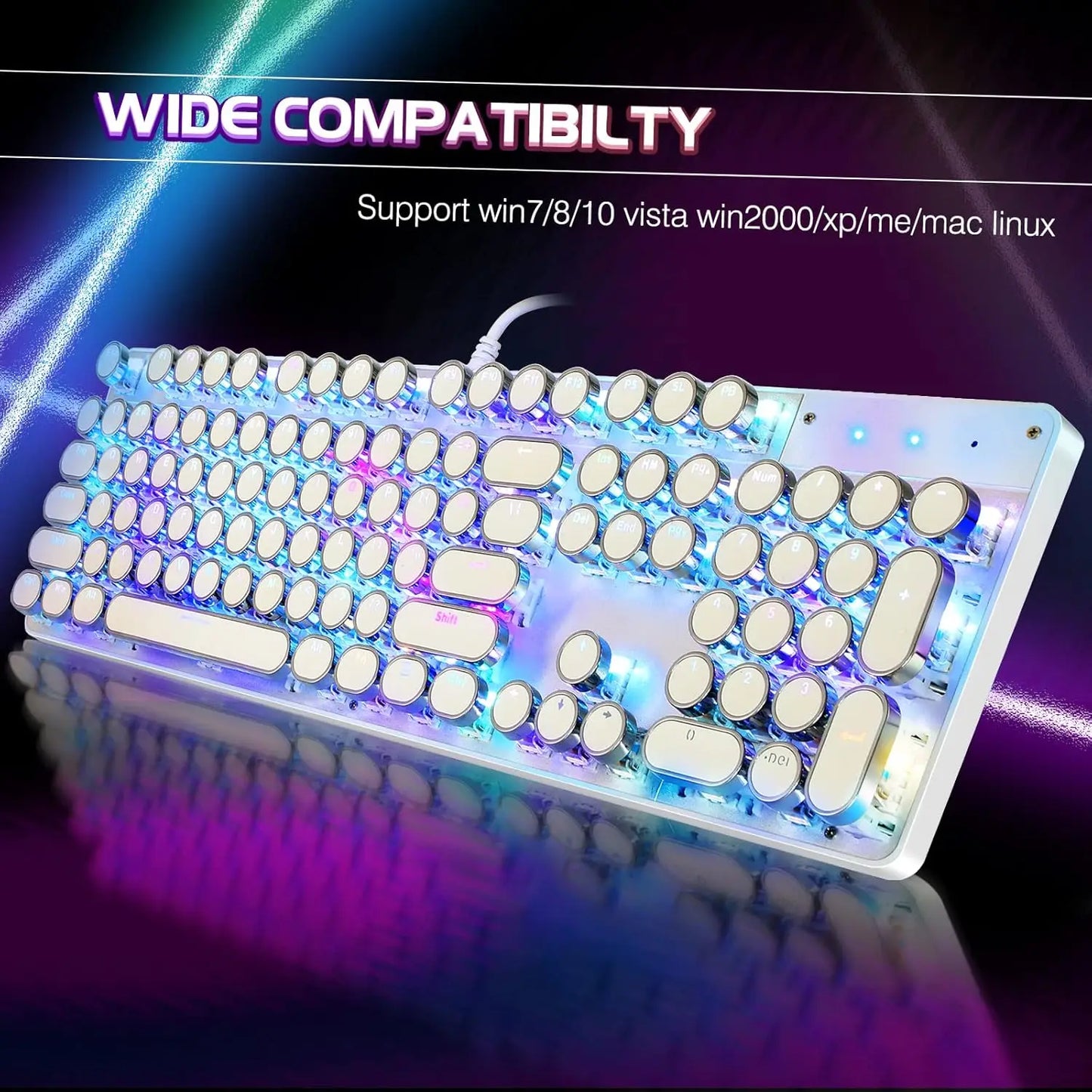 Typewriter Style Mechanical Gaming Keyboard RGB Backlit Wired Blue Switch 104 Keys White