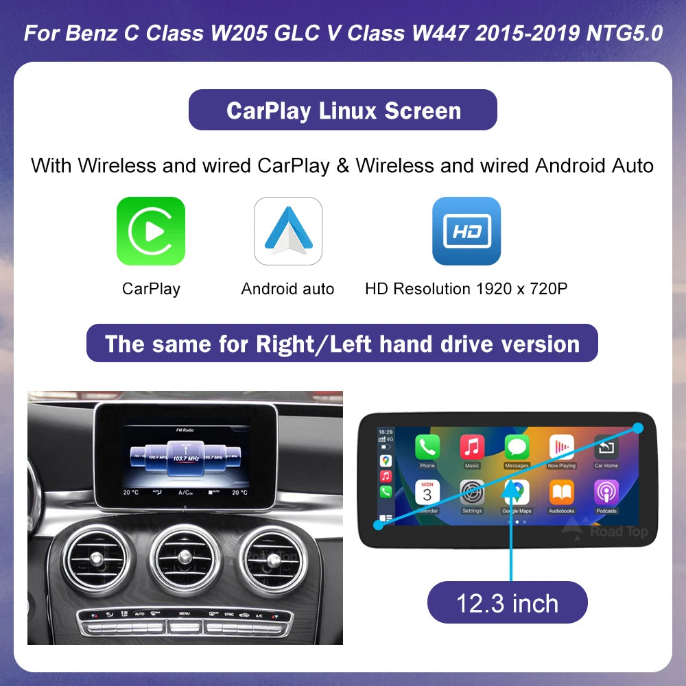 Wireless Carplay Linux Screen for Mercedes Benz W205 GLC A C V Class W447 CLA GLA 2015-2019 GPS With Android Auto Car Multimedia