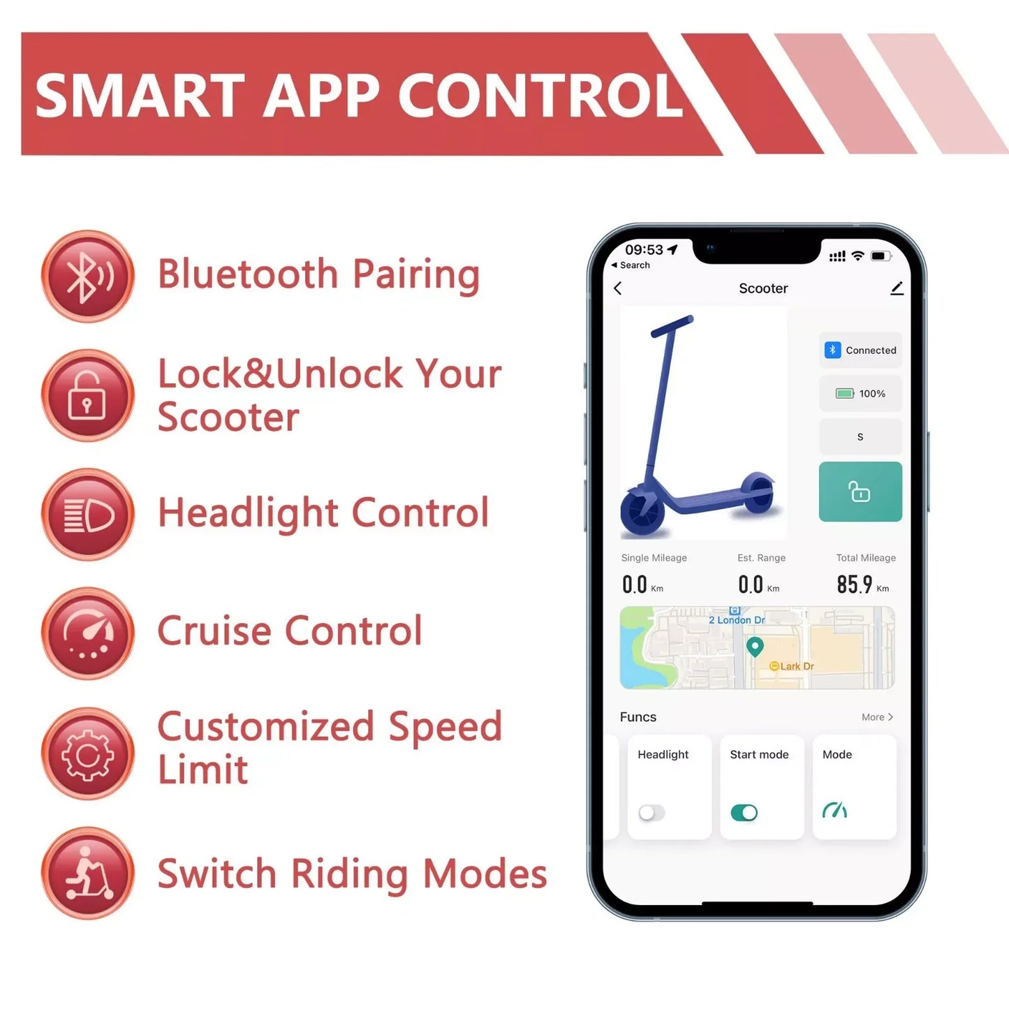 Electric Scooter 350W 19mph APP Smart Scooter Shock-absorbing Anti-skid