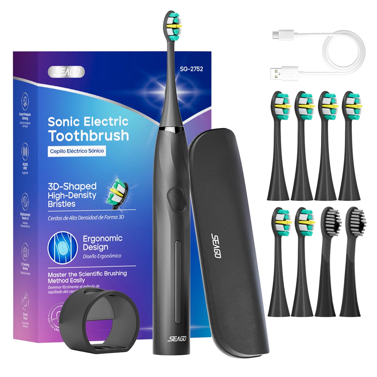 Electric Toothbrush with 8 Soft Bristle Heads for Adults Pressure Sensor 5 Modes