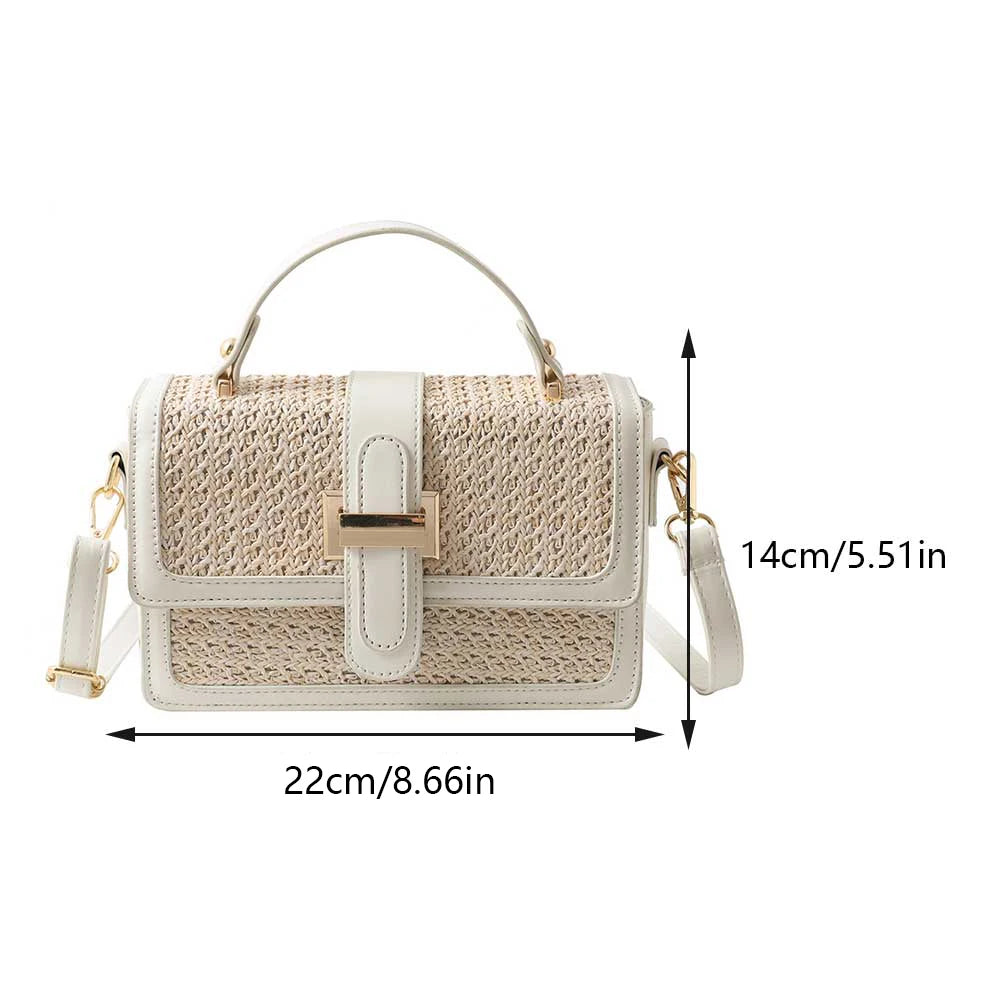 Leather Straw Crossbody Bag Flap Shoulder Bag with Adjustable Strap