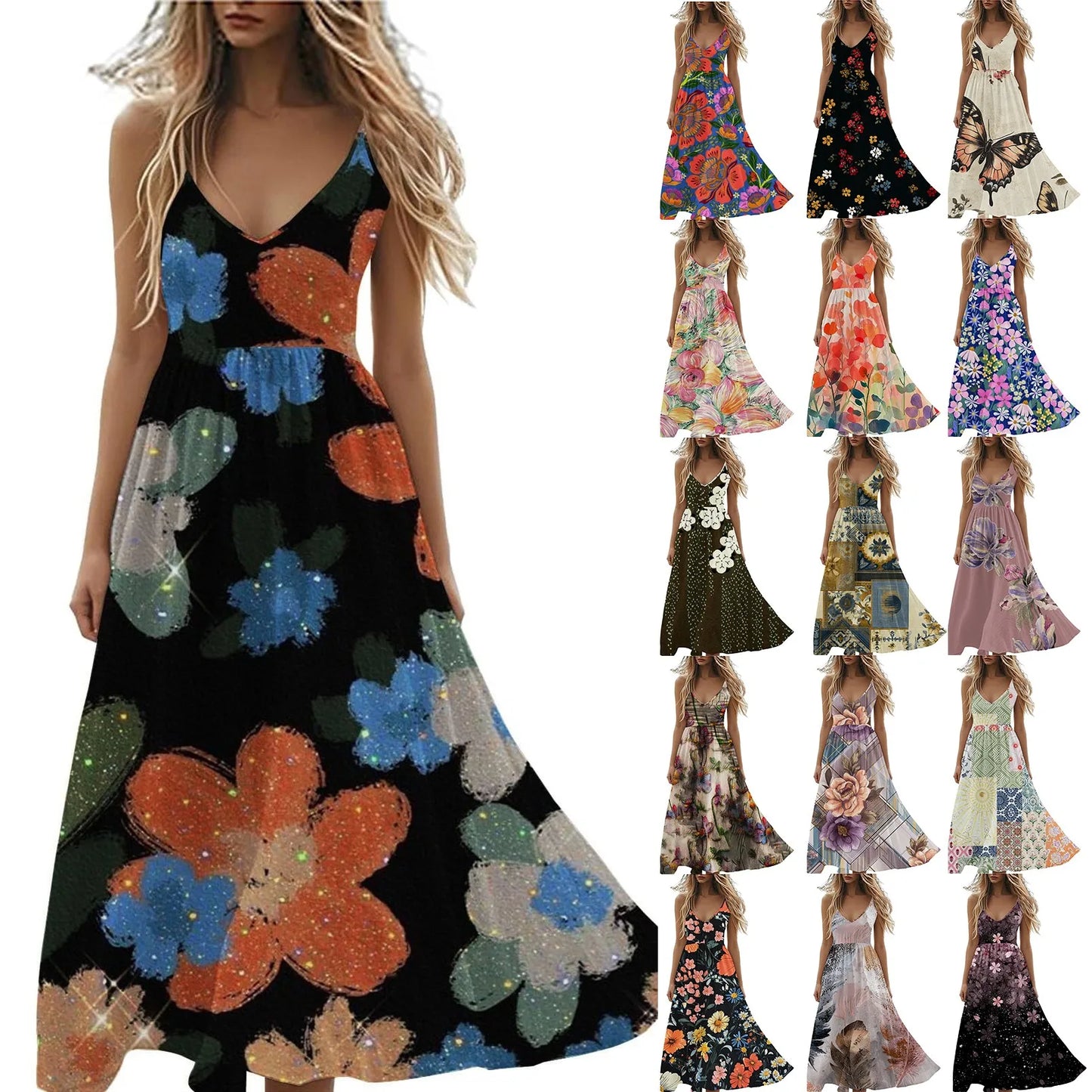 Boho Summer Dresses V Neck Floral Printed Sundresses, Beach Trendy Airy Dresses