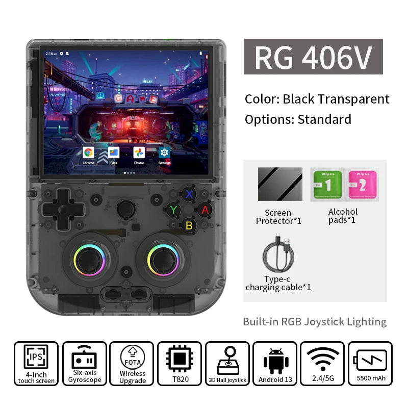406V Retro Handheld Games Console 4"IPS Multi-touch WIFI RGB Ligh 3D Hall Joystick Video Games Player