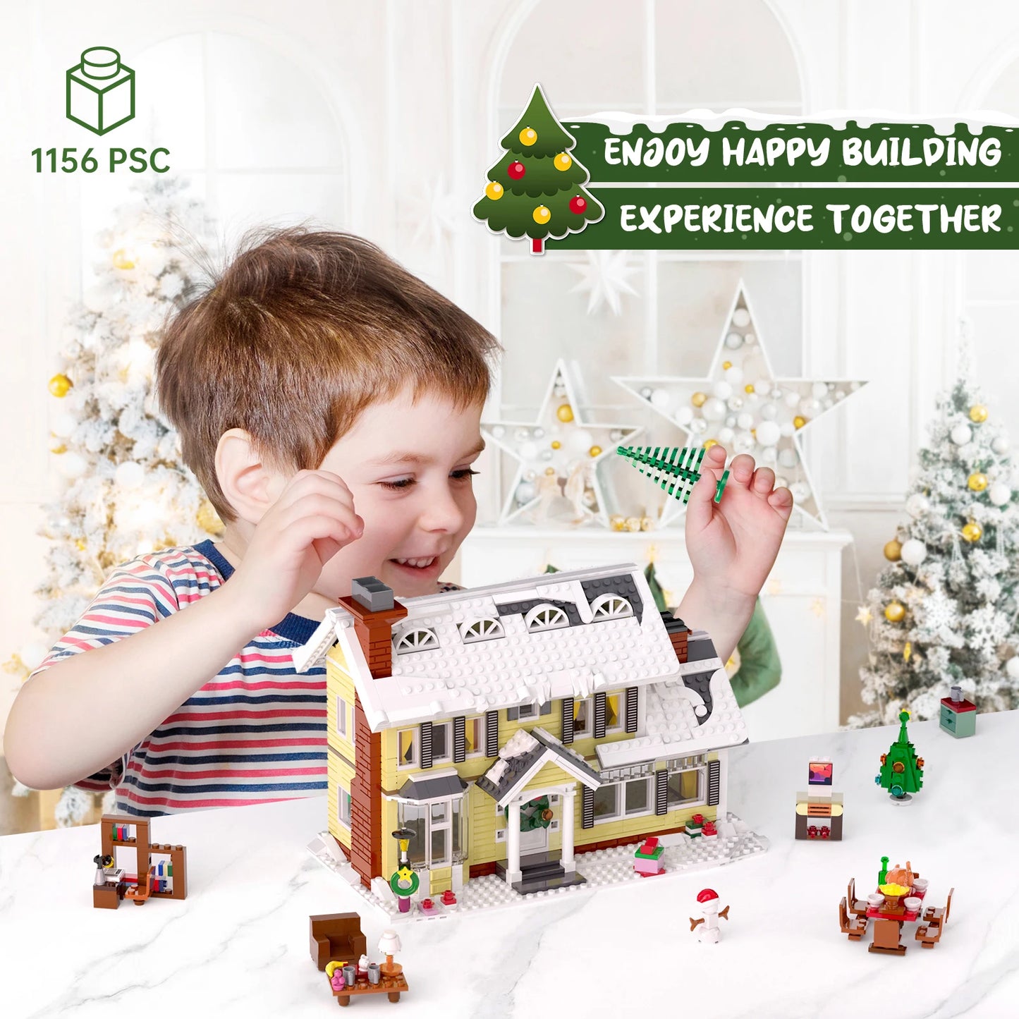 Christmas Holiday House Building Set, LED DIY Christmas Holiday Snow Village Bricks Gifts for Boys, Girls, Family, and Friends