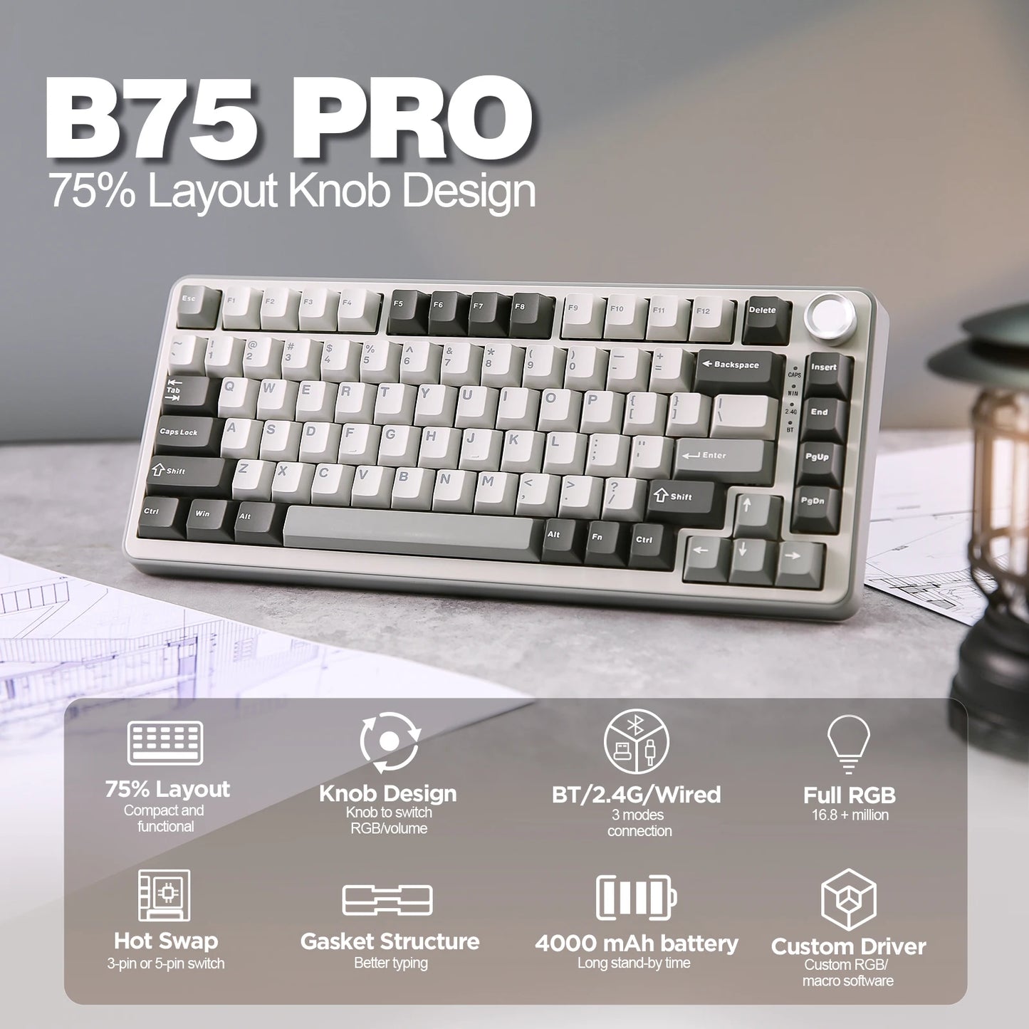 B75 PRO 82-Key Wireless Mechanical Gaming Keyboard,