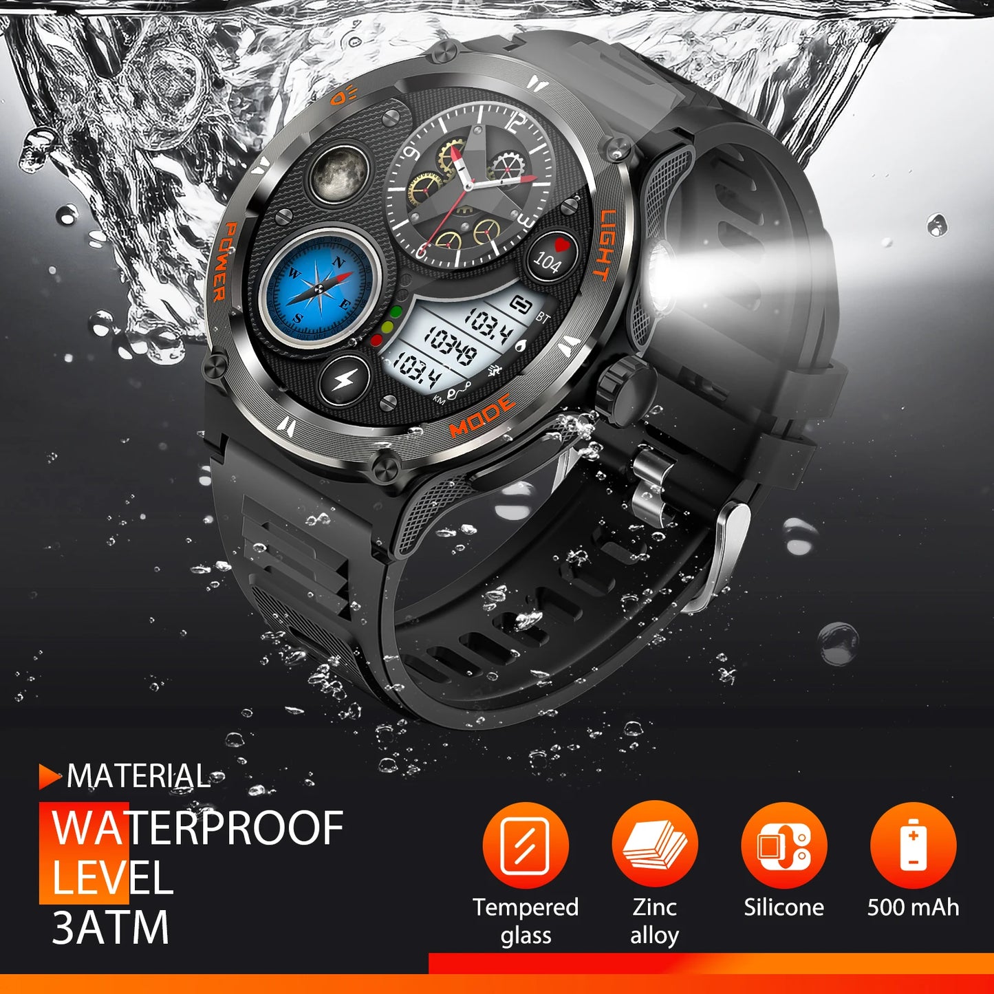 Smart Watch 3ATM Waterproof 1.53" New KT76 Men Sport With Compass