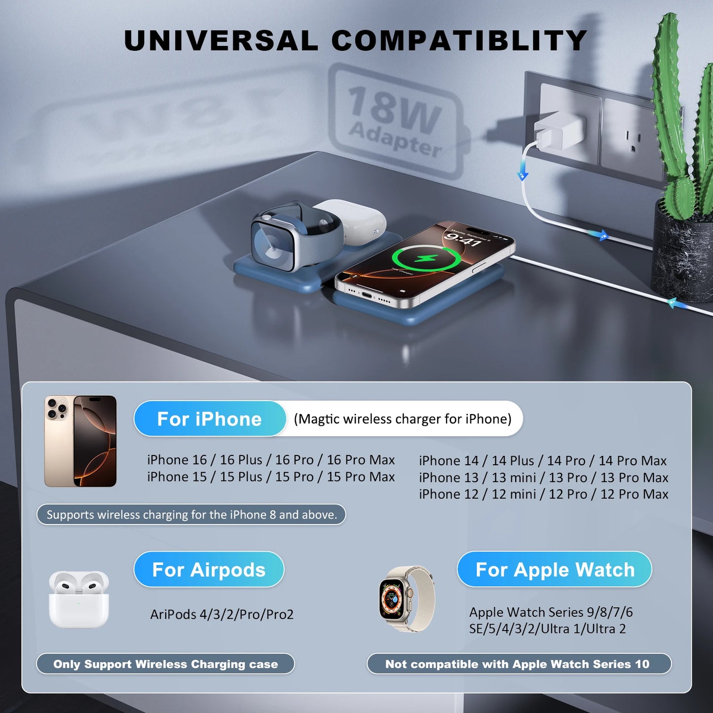 Cell Phone Wireless Charger - 3-in-1 Travel Charging Station