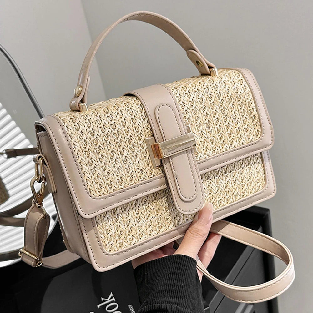 Leather Straw Crossbody Bag Flap Shoulder Bag with Adjustable Strap