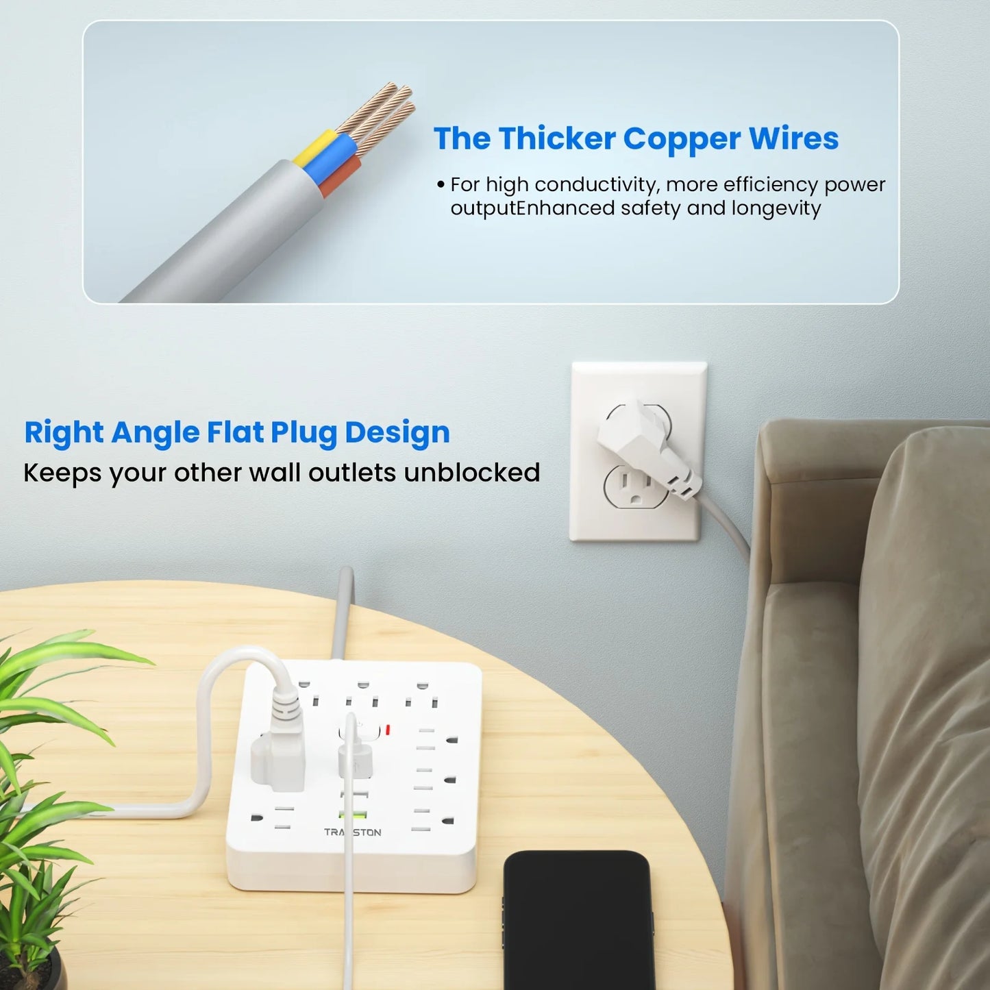 TRANSTON Power strip with Surge Protector, 9 power strip 3 USB Ports,