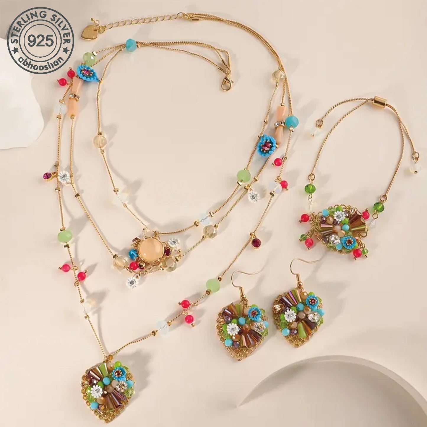 Silver, Multi-layer heart bead set, Bohemian style, pendant set with natural stones,