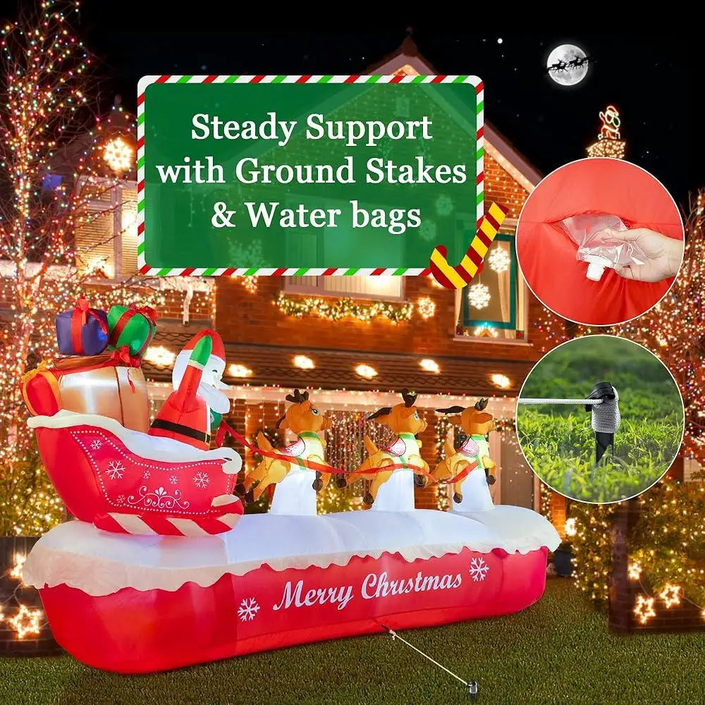 10FT Inflatable Santa Claus Sleigh with Elk LED Lights Outdoor Christmas Decorations
