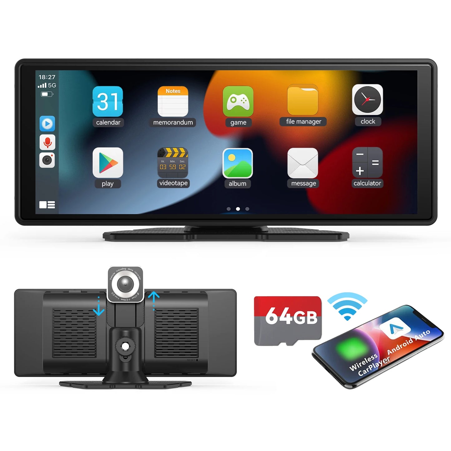 Portable Wireless Carplay Car Stereo, 10.26" inch HD Touchscreen