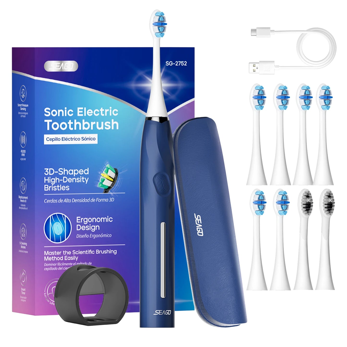 Electric Toothbrush with 8 Soft Bristle Heads for Adults, Pressure Sensor,