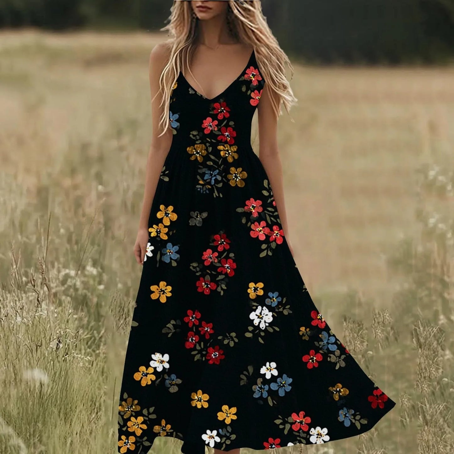 Boho Summer Dresses V Neck Floral Printed Sundresses, Beach Trendy Airy Dresses