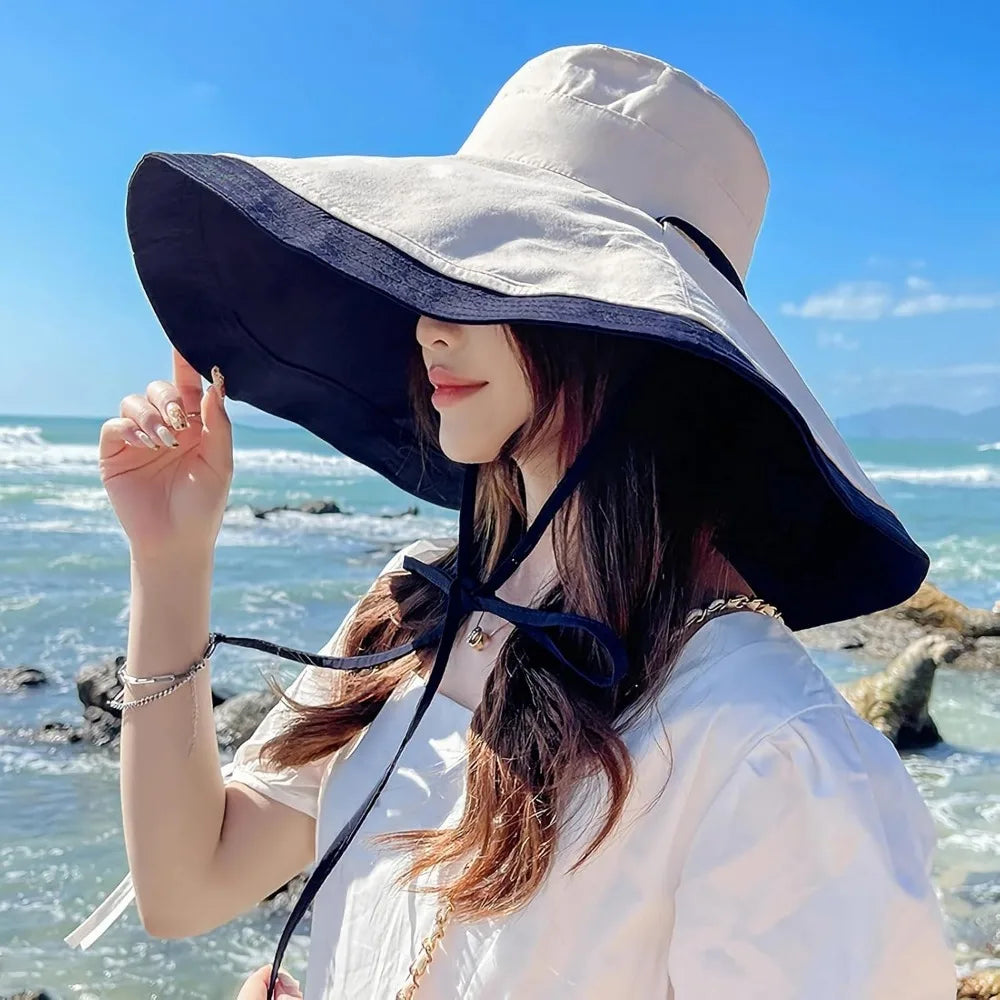 Women Wide Brim Summer Sun Hat Wired Edge Beach Bucket Fishing Hats Reversible