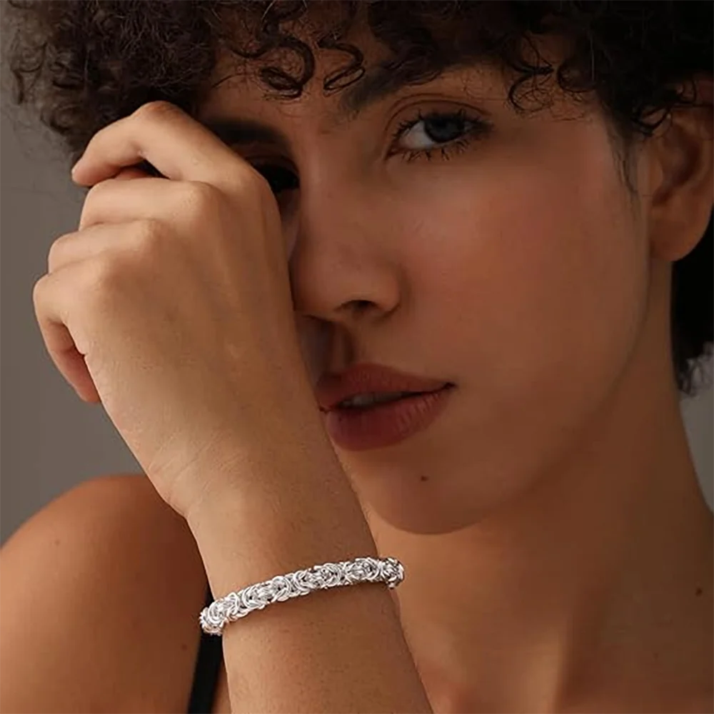 Sterling Silver Byzantine Emperor Chain Bracelet for Men Women Polished