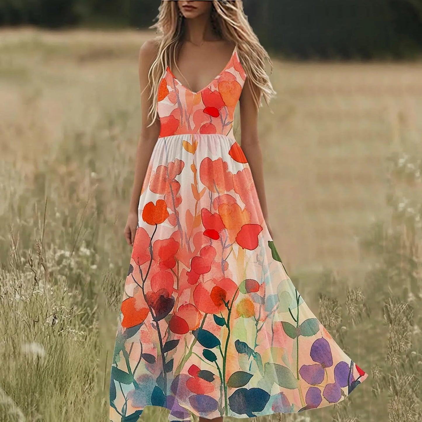Boho Summer Dresses V Neck Floral Printed Sundresses, Beach Trendy Airy Dresses