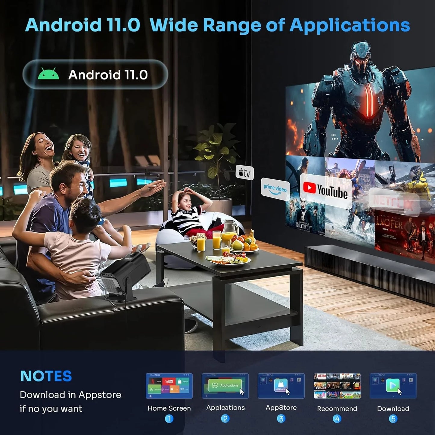 Smart Projector Native 1080P Support 4K, HD Brightness, Android 11.0, WiFi 6, Auto