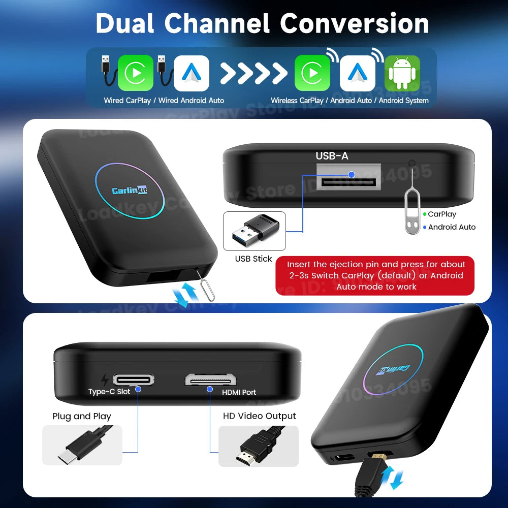 CarlinKit 5 in 1 LITE S Android TV Box Wireless Carplay Android Auto For Youtube Netflix Iptv HD Output 5GHZ WIFI Plug And Play