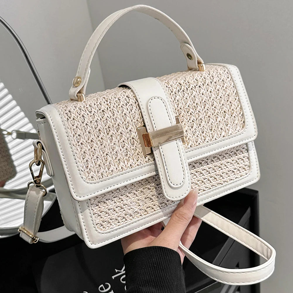 Leather Straw Crossbody Bag Flap Shoulder Bag with Adjustable Strap