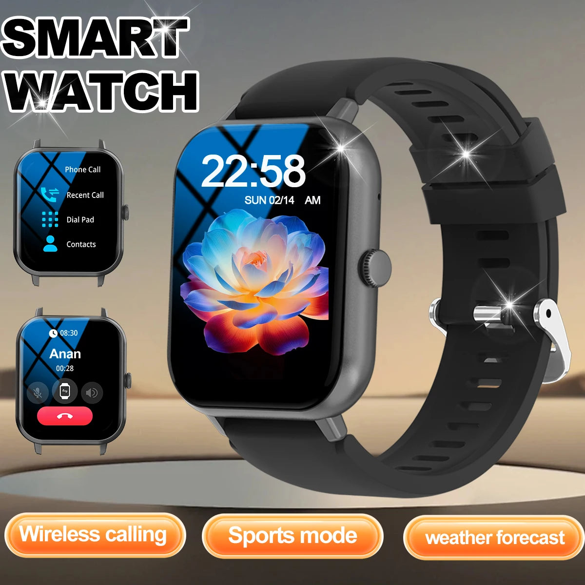 Smart watch with multiple sports modes, wireless calls, weather forecast,