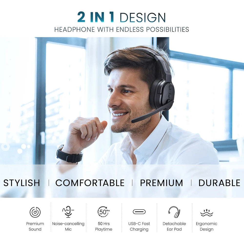 2 in 1 Wireless Headphones Bluetooth 5.3 Dual/Single Office Headset